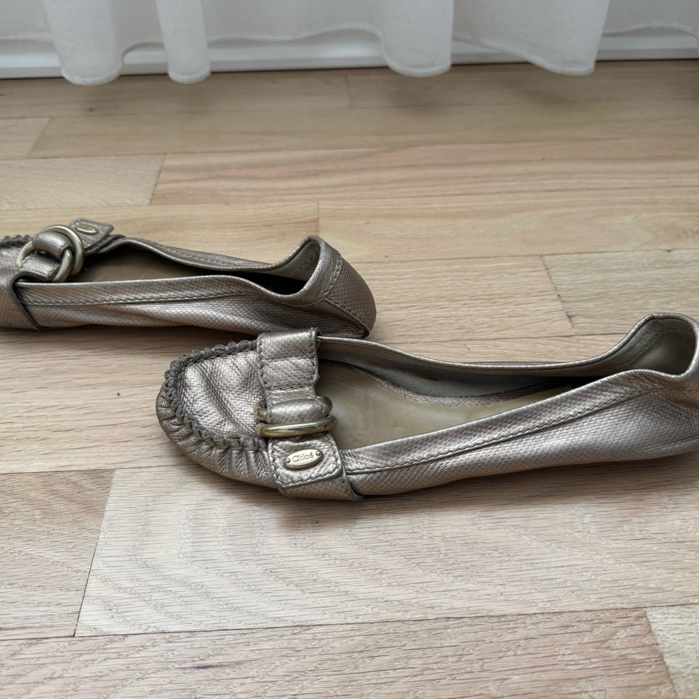 Chloe Metallic Pewter Leather Ballet Flats with Buckle - Picture 2 of 6